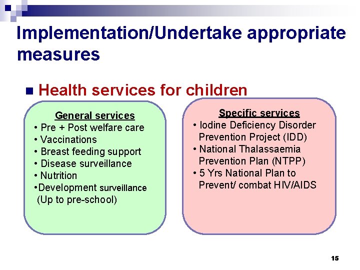 Implementation/Undertake appropriate measures n Health services for children General services • Pre + Post
