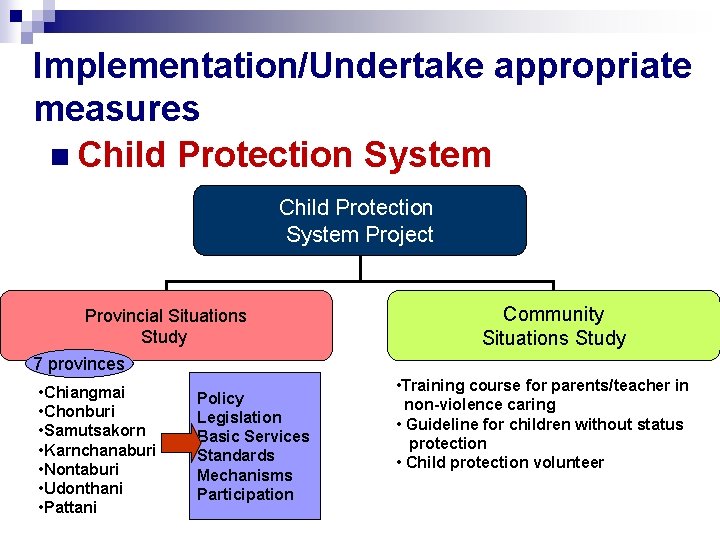 Implementation/Undertake appropriate measures n Child Protection System Project Provincial Situations Study Community Situations Study
