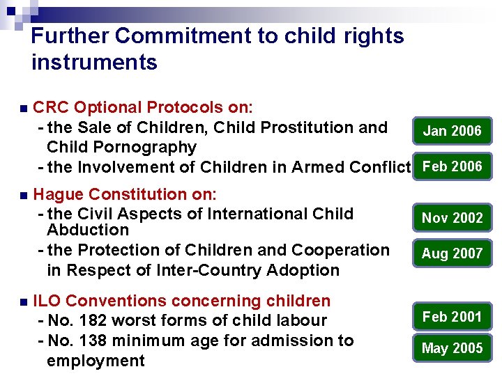 Further Commitment to child rights instruments n CRC Optional Protocols on: - the Sale