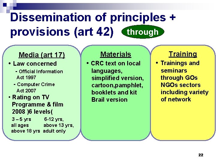 Dissemination of principles + provisions (art 42) through Media (art 17) • Law concerned