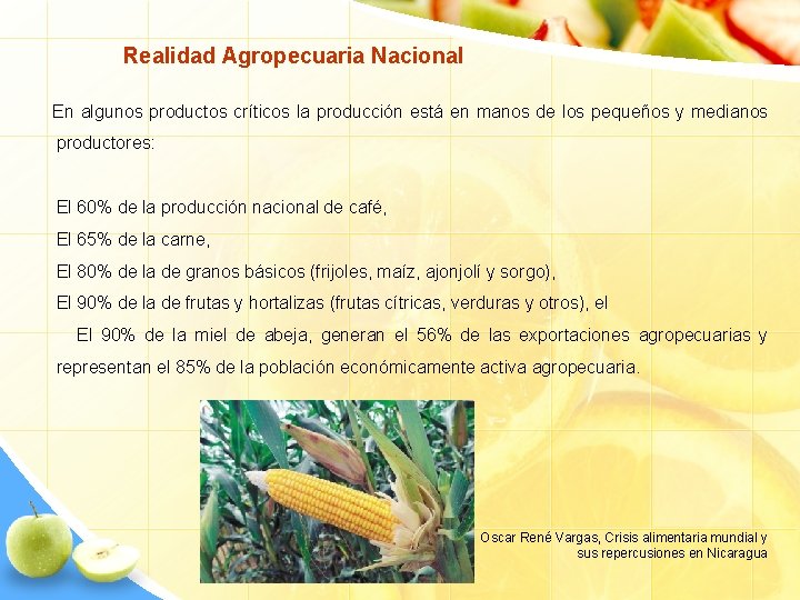 Realidad Agropecuaria Nacional En algunos productos críticos la producción está en manos de los
