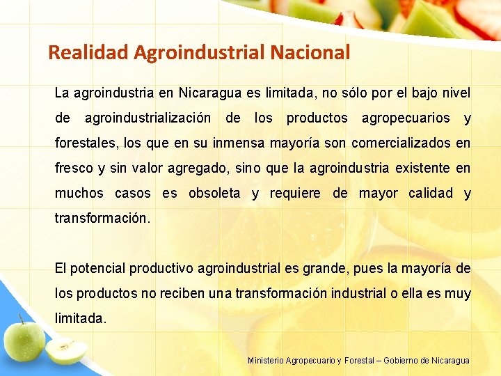 Realidad Agroindustrial Nacional La agroindustria en Nicaragua es limitada, no sólo por el bajo