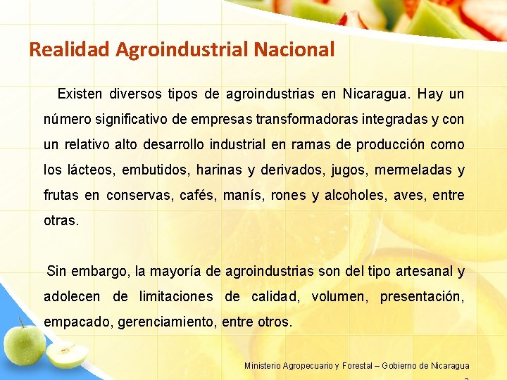 Realidad Agroindustrial Nacional Existen diversos tipos de agroindustrias en Nicaragua. Hay un número significativo