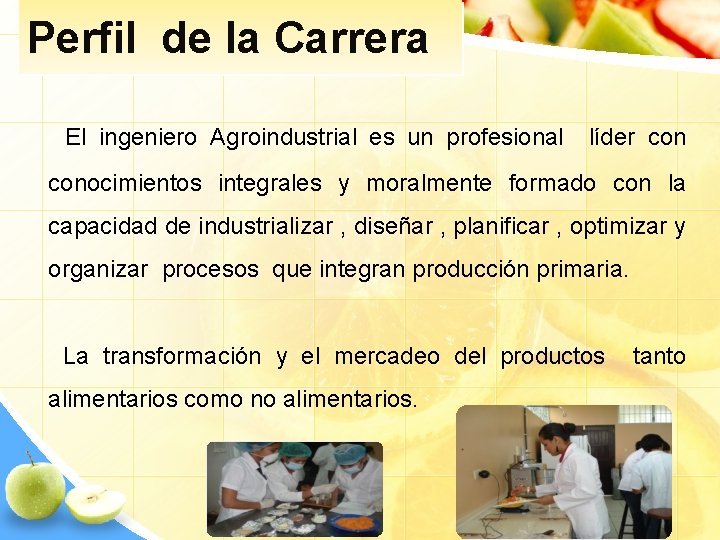 Perfil de la Carrera El ingeniero Agroindustrial es un profesional líder conocimientos integrales y
