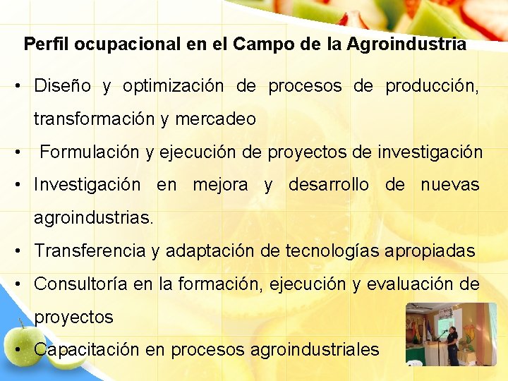 Perfil ocupacional en el Campo de la Agroindustria • Diseño y optimización de procesos