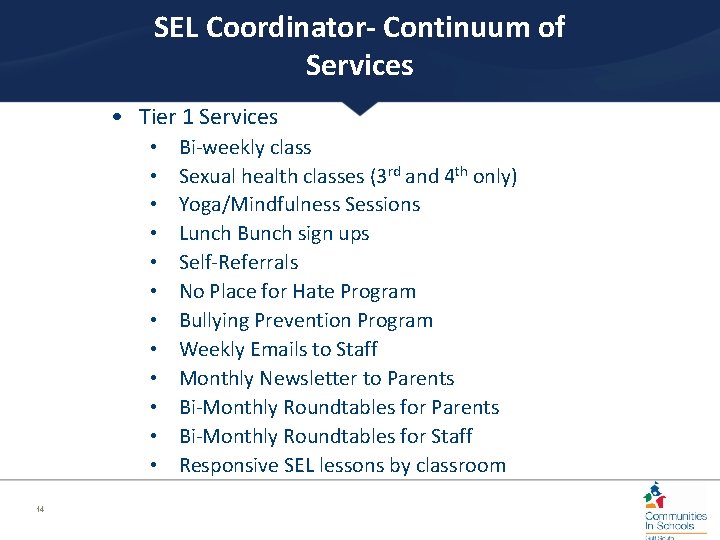 SEL Coordinator- Continuum of Services • Tier 1 Services • • • 14 Bi-weekly