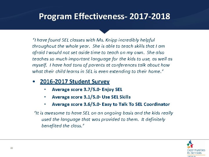 Program Effectiveness- 2017 -2018 “I have found SEL classes with Ms. Knipp incredibly helpful