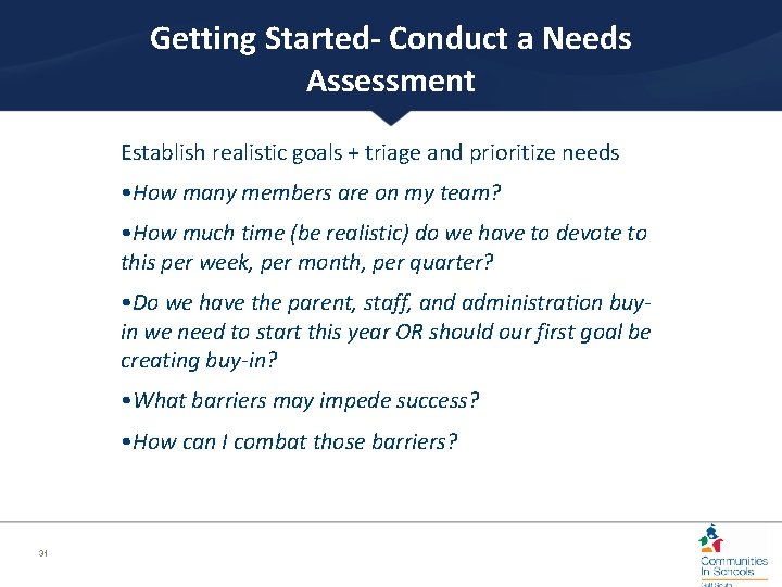 Getting Started- Conduct a Needs Assessment Establish realistic goals + triage and prioritize needs