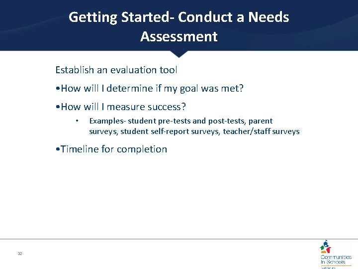 Getting Started- Conduct a Needs Assessment Establish an evaluation tool • How will I