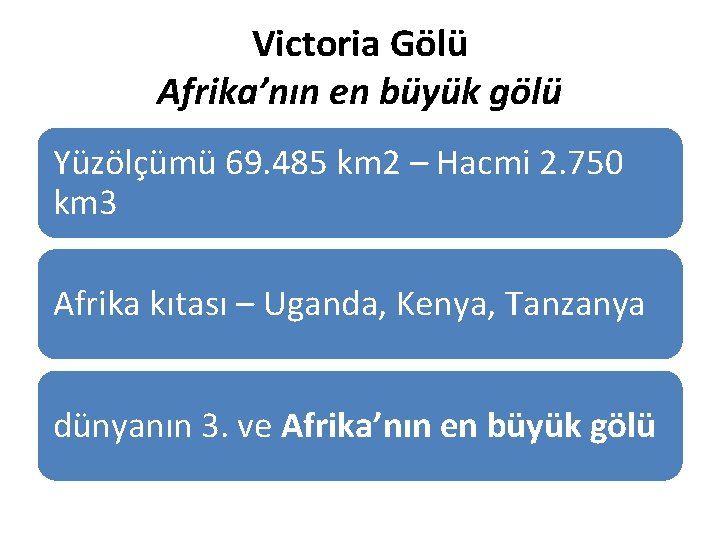 Victoria Gölü Afrika’nın en büyük gölü Yüzölçümü 69. 485 km 2 – Hacmi 2.