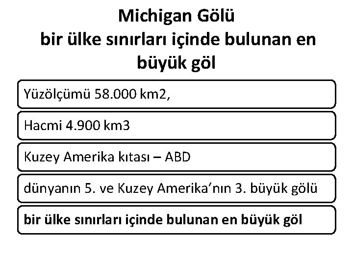 Michigan Gölü bir ülke sınırları içinde bulunan en büyük göl Yüzölçümü 58. 000 km