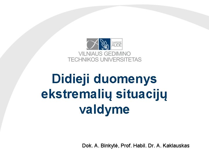 Didieji duomenys ekstremalių situacijų valdyme Dok. A. Binkytė, Prof. Habil. Dr. A. Kaklauskas 