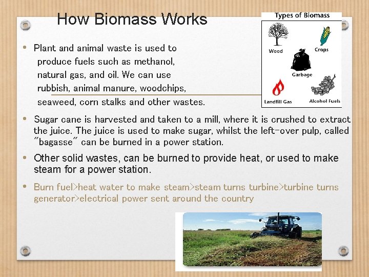 How Biomass Works • Plant and animal waste is used to produce fuels such