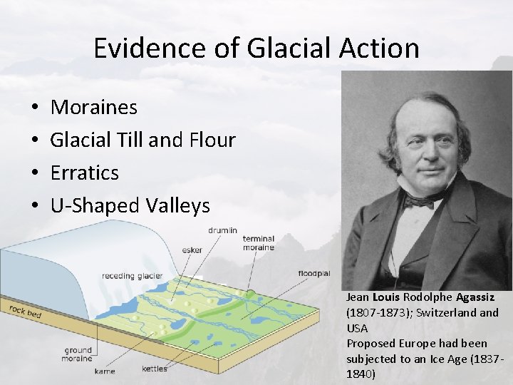 Evidence of Glacial Action • • Moraines Glacial Till and Flour Erratics U-Shaped Valleys