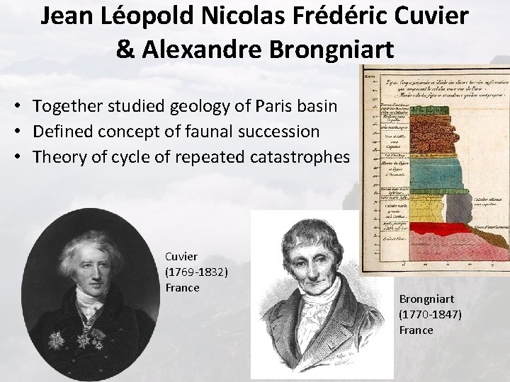 Jean Léopold Nicolas Frédéric Cuvier & Alexandre Brongniart • Together studied geology of Paris