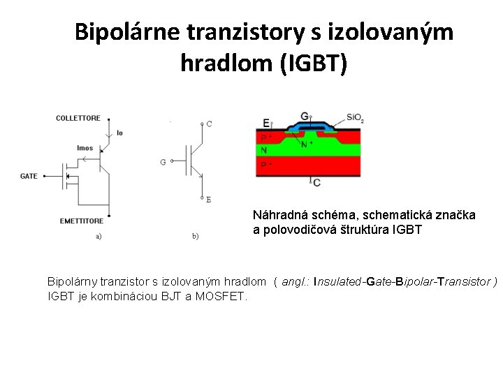 Bipolárne tranzistory s izolovaným hradlom (IGBT) Náhradná schéma, schematická značka a polovodičová štruktúra IGBT Bipolárne tranzistory s izolovaným hradlom (IGBT) Náhradná schéma, schematická značka a polovodičová štruktúra IGBT