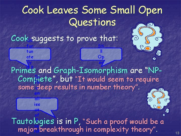 Cook Leaves Some Small Open Questions Cook. Unsuggests to prove that: for tun ate