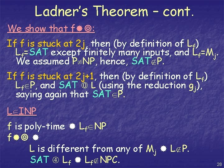 Ladner’s Theorem – cont. We show that f : If f is stuck at