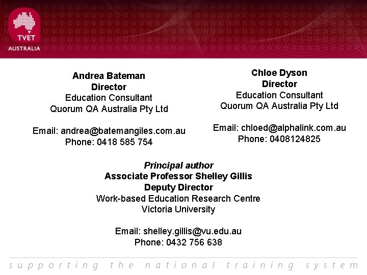 Andrea Bateman Director Education Consultant Quorum QA Australia Pty Ltd Email: andrea@batemangiles. com. au