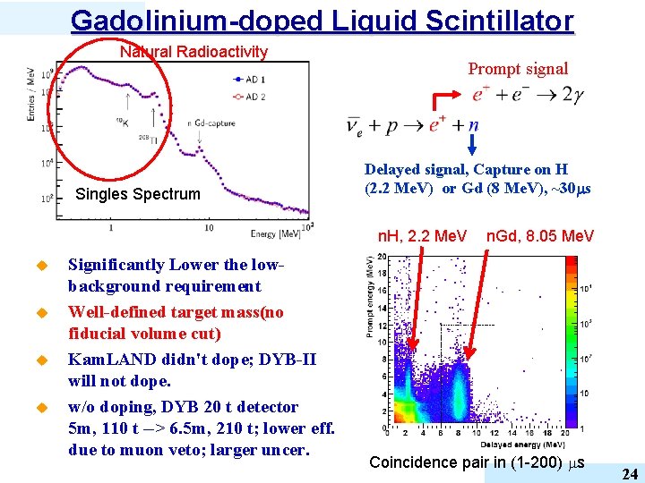 Gadolinium-doped Liquid Scintillator Natural Radioactivity Singles Spectrum Prompt signal Delayed signal, Capture on H