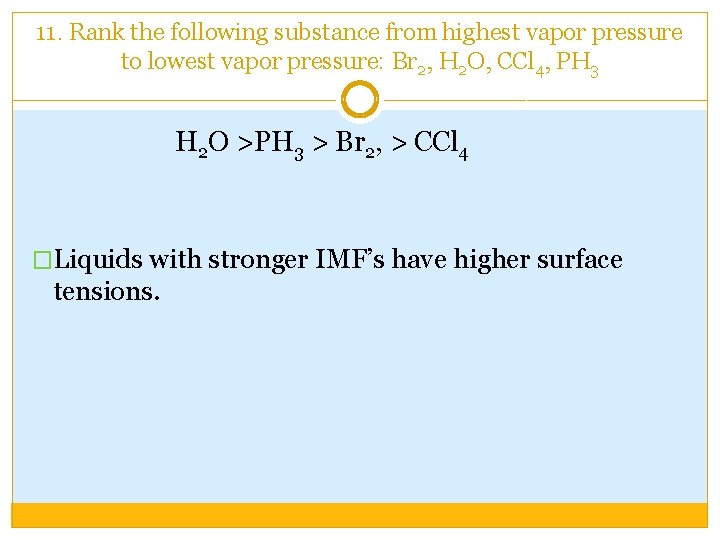 11. Rank the following substance from highest vapor pressure to lowest vapor pressure: Br