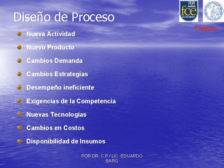 Diseño de Proceso Nueva Actividad Nuevo Producto Cambios Demanda Cambios Estrategias Desempeño ineficiente Exigencias