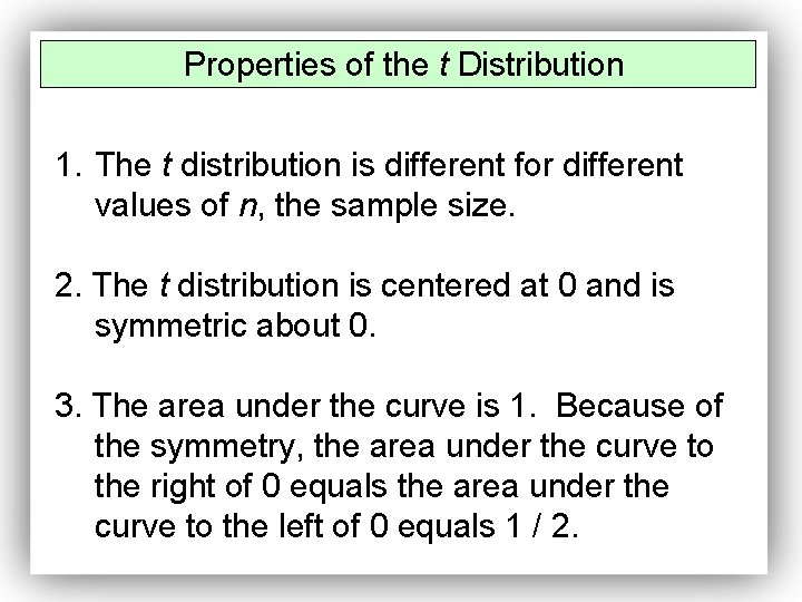 Properties of the t Distribution 1. The t distribution is different for different values