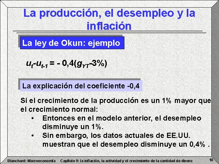 La producción, el desempleo y la inflación La ley de Okun: ejemplo ut-ut-1 =