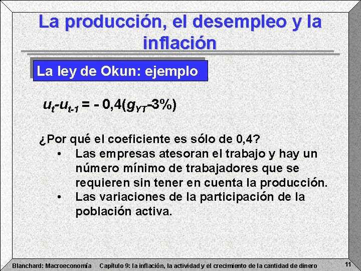 La producción, el desempleo y la inflación La ley de Okun: ejemplo ut-ut-1 =