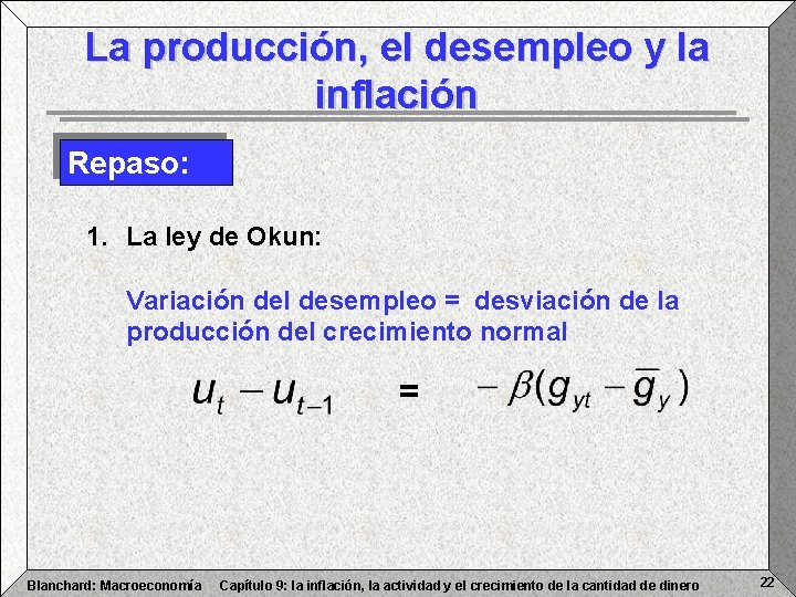 La producción, el desempleo y la inflación Repaso: 1. La ley de Okun: Variación