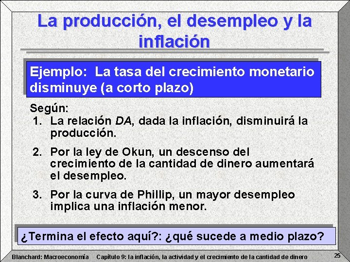 La producción, el desempleo y la inflación Ejemplo: La tasa del crecimiento monetario disminuye