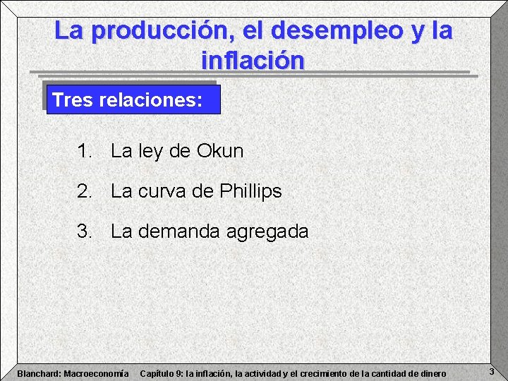 La producción, el desempleo y la inflación Tres relaciones: 1. La ley de Okun