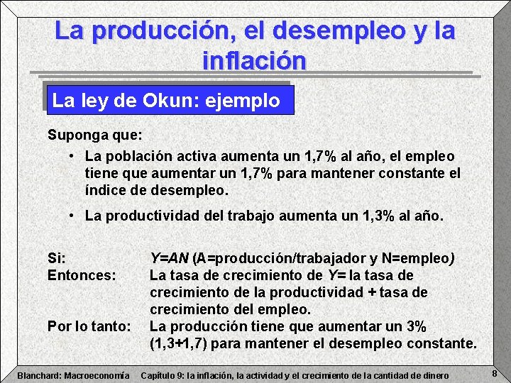 La producción, el desempleo y la inflación La ley de Okun: ejemplo Suponga que: