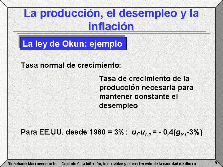 La producción, el desempleo y la inflación La ley de Okun: ejemplo Tasa normal