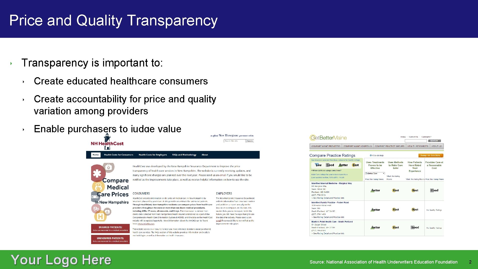 Price and Quality Transparency ‣ Transparency is important to: ‣ Create educated healthcare consumers