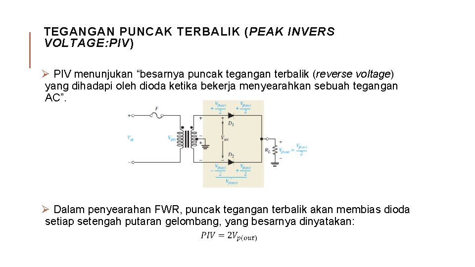 TEGANGAN PUNCAK TERBALIK (PEAK INVERS VOLTAGE: PIV) Ø PIV menunjukan “besarnya puncak tegangan terbalik