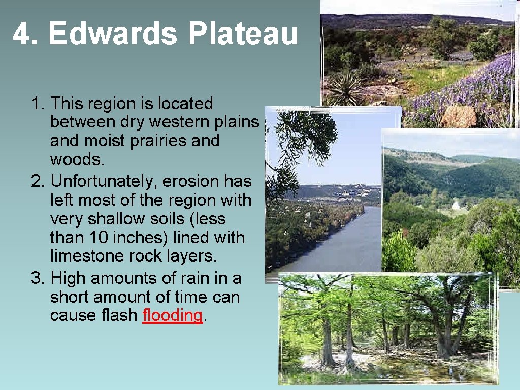 4. Edwards Plateau 1. This region is located between dry western plains and moist