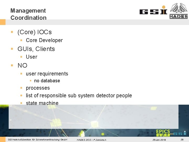 Management Coordination § (Core) IOCs § Core Developer § GUIs, Clients § User §