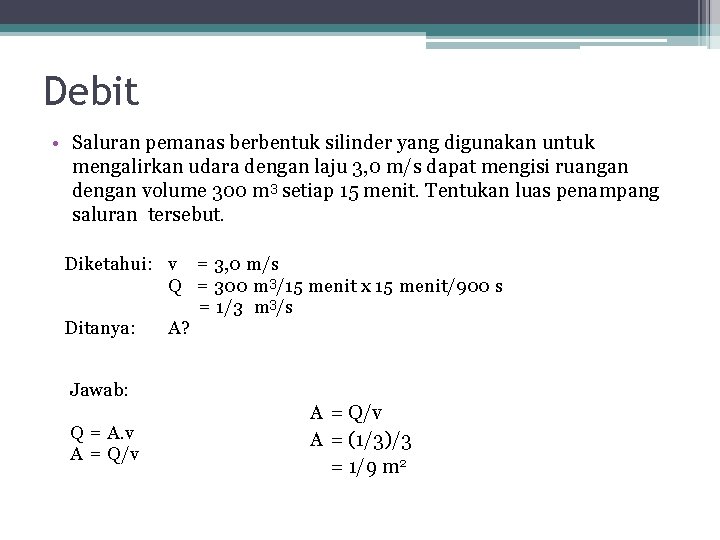 Debit • Saluran pemanas berbentuk silinder yang digunakan untuk mengalirkan udara dengan laju 3,