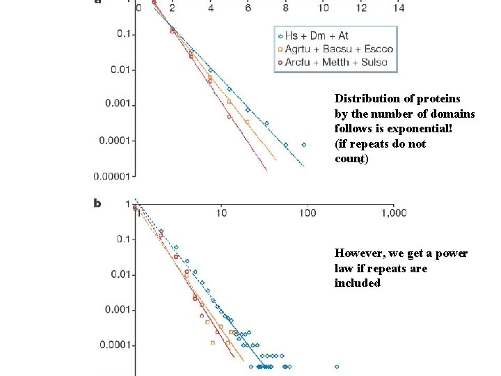 Distribution of proteins by the number of domains follows is exponential! (if repeats do