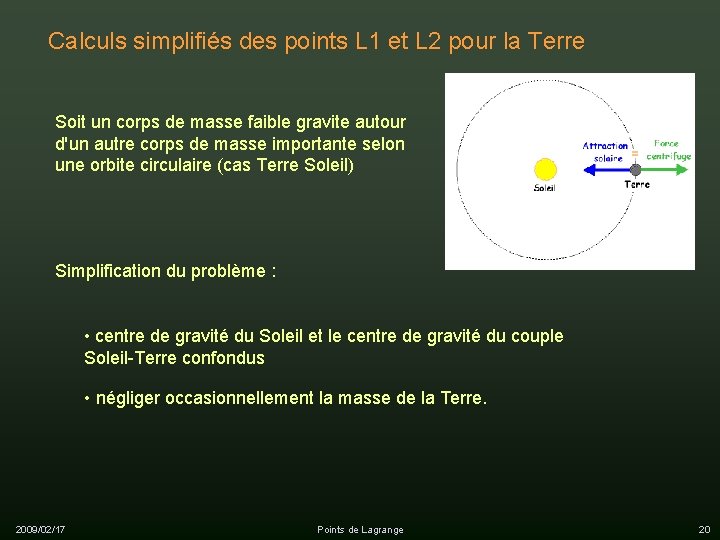 Calculs simplifiés des points L 1 et L 2 pour la Terre Soit un