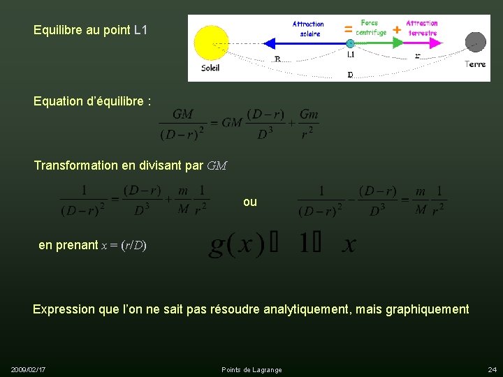 Equilibre au point L 1 Equation d’équilibre : Transformation en divisant par GM ou