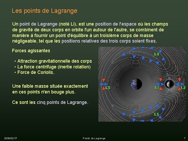 Les points de Lagrange Un point de Lagrange (noté Li), est une position de