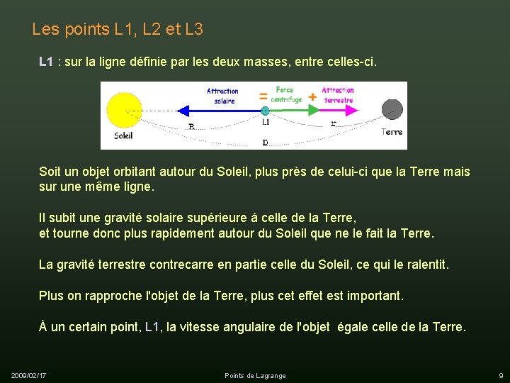 Les points L 1, L 2 et L 3 L 1 : sur la