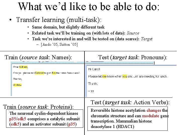 What we’d like to be able to do: • Transfer learning (multi-task): • Same