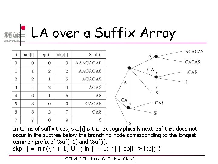 LA over a Suffix Array In terms of suffix trees, skp[i] is the lexicographically