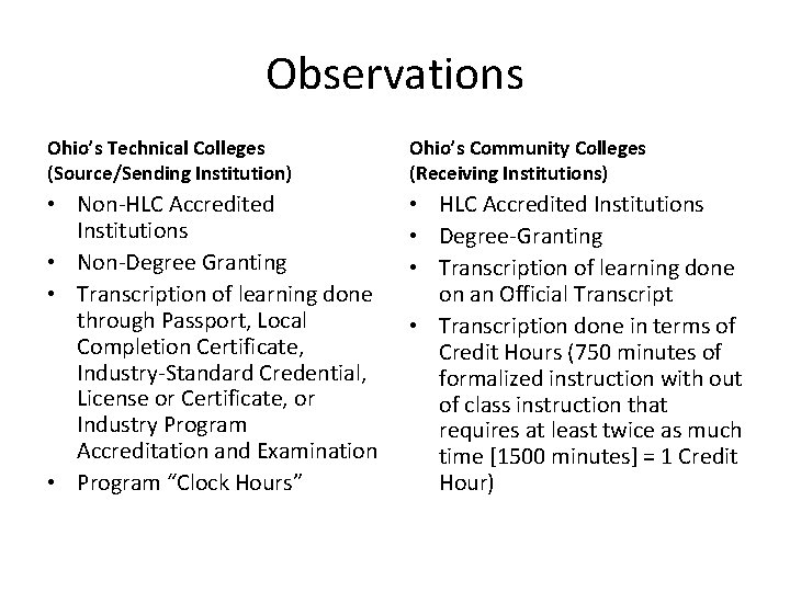 Observations Ohio’s Technical Colleges (Source/Sending Institution) Ohio’s Community Colleges (Receiving Institutions) • Non-HLC Accredited