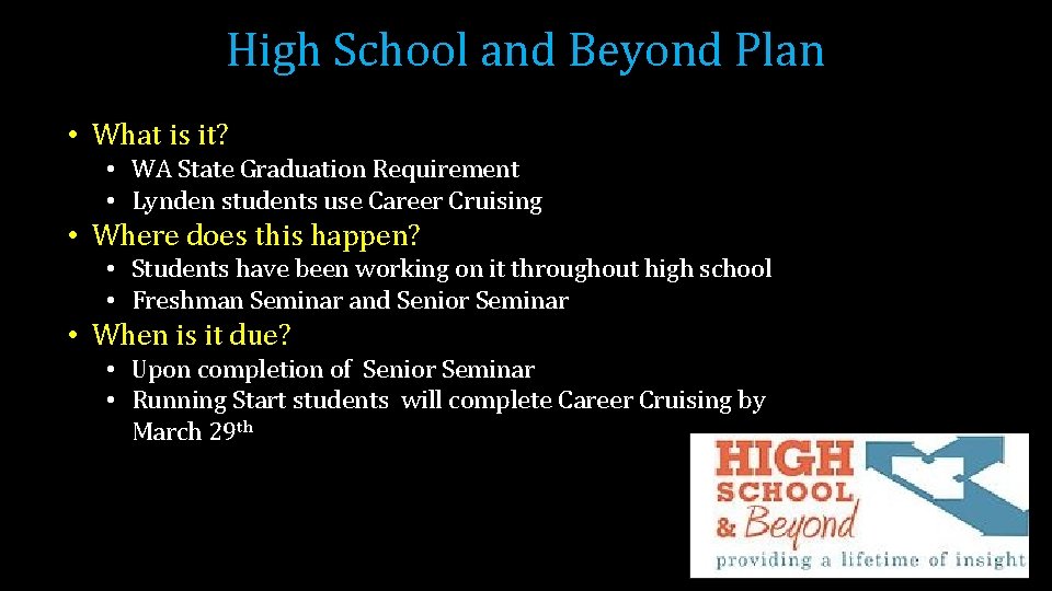 High School and Beyond Plan • What is it? • WA State Graduation Requirement