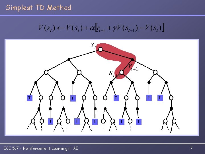 Simplest TD Method TT T T ECE 517 - Reinforcement Learning in AI TT