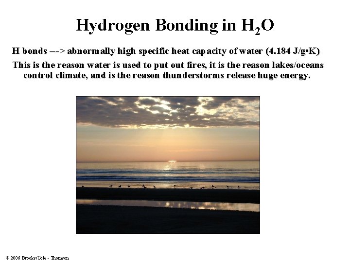 Hydrogen Bonding in H 2 O H bonds ---> abnormally high specific heat capacity